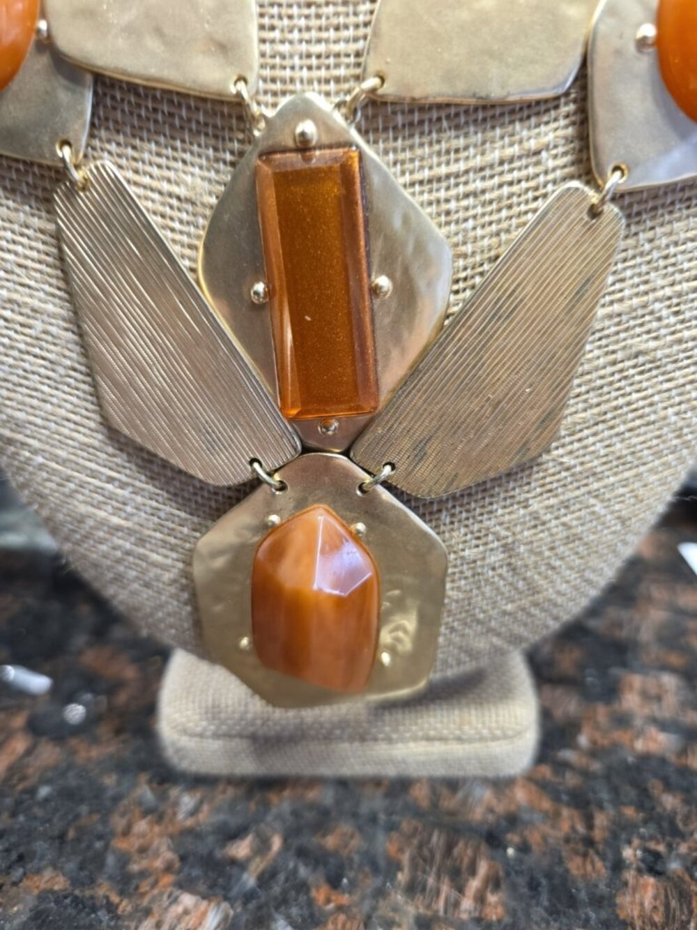 Chicos Statement Necklace Amber Color Acrylic Stones Gold Tone Brown Woven Cord - Picture 2 of 8